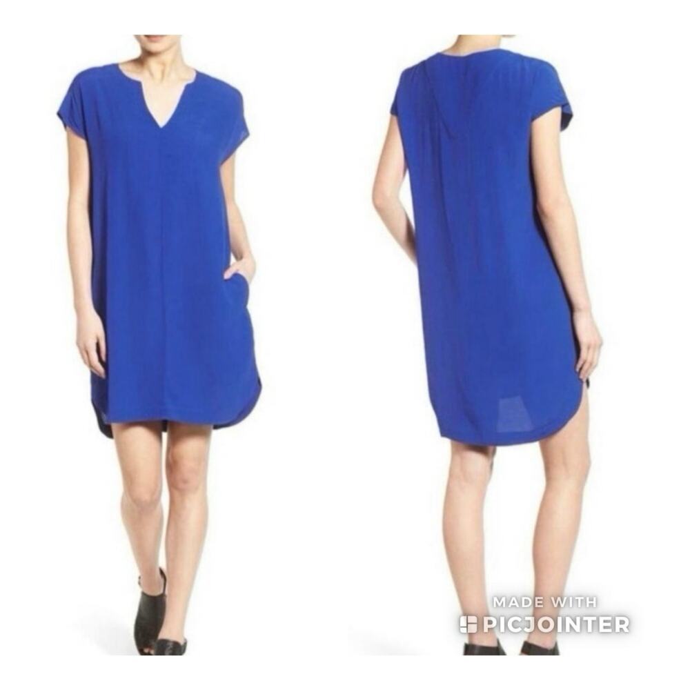 Madewell Du Jour Cobalt Blue Tunic Notch V-Neck Shift Dress Size XS